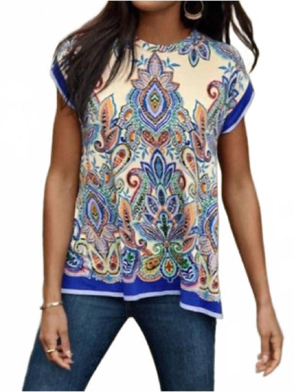 Johnny Was Womens L Paisley Medallion Print Top Boho Rayon Stretch Dolman Sleeve